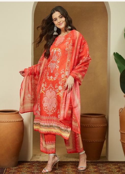 Orange Cotton Blend Floral Printed Kurta Set