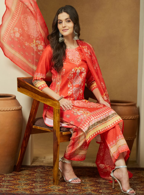 Orange Cotton Blend Floral Printed Kurta Set