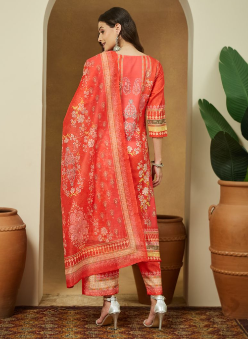 Orange Cotton Blend Floral Printed Kurta Set