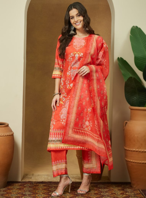 Orange Cotton Blend Floral Printed Kurta Set