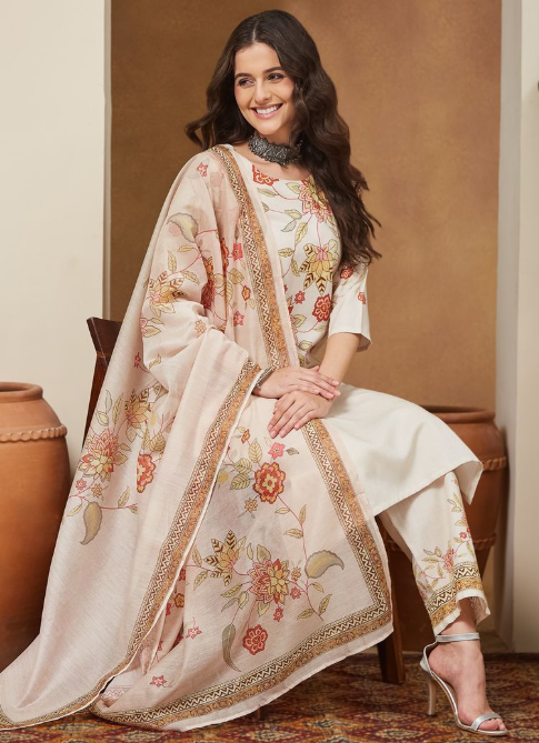 Off White Cotton Blend Floral Printed Kurta Set