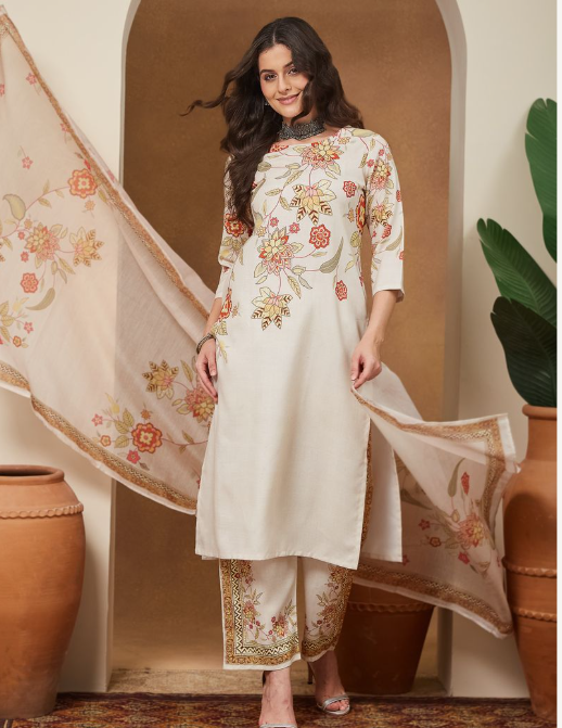 Off White Cotton Blend Floral Printed Kurta Set