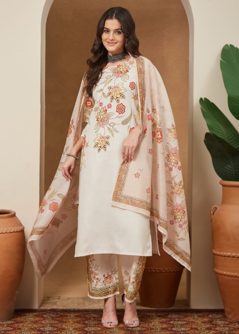 Off White Cotton Blend Floral Printed Kurta Set