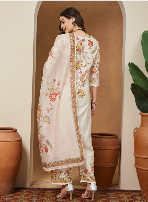 Off White Cotton Blend Floral Printed Kurta Set