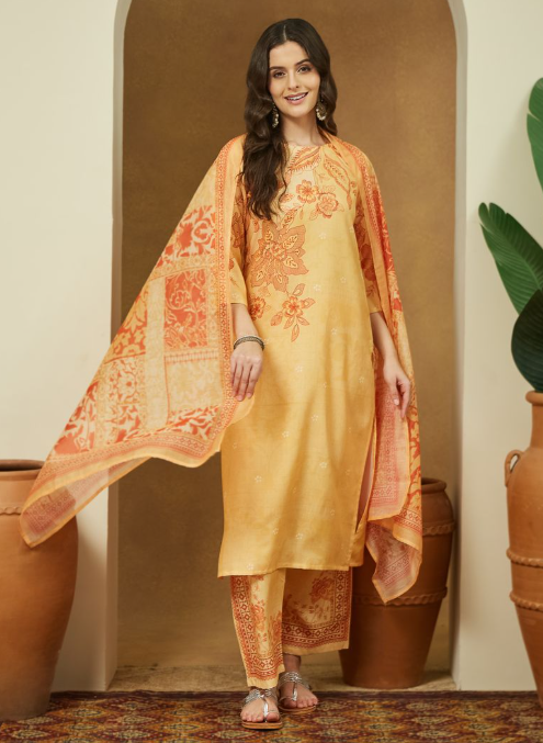 Yellow Cotton Blend Floral Printed Kurta Set