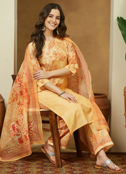 Yellow Cotton Blend Floral Printed Kurta Set