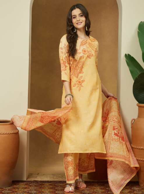 Yellow Cotton Blend Floral Printed Kurta Set