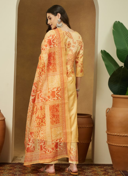 Yellow Cotton Blend Floral Printed Kurta Set