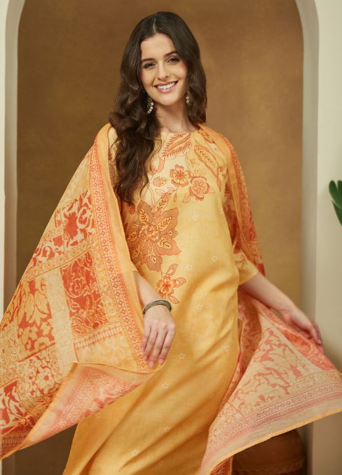 Yellow Cotton Blend Floral Printed Kurta Set