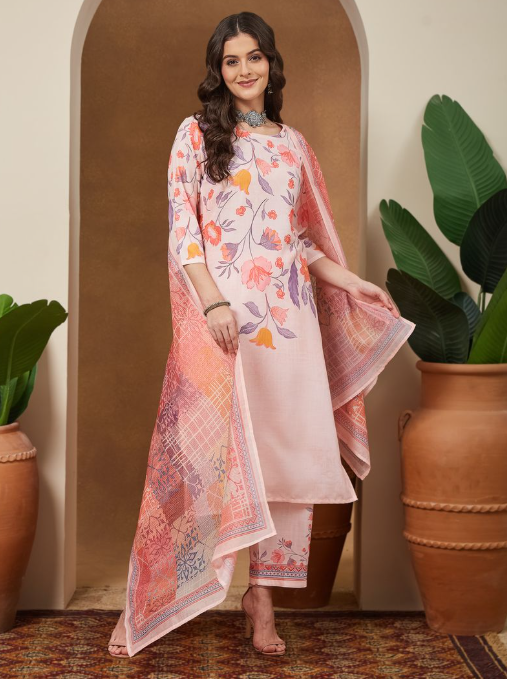Peach Cotton Blend Floral Printed Kurta Set
