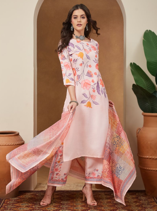 Peach Cotton Blend Floral Printed Kurta Set