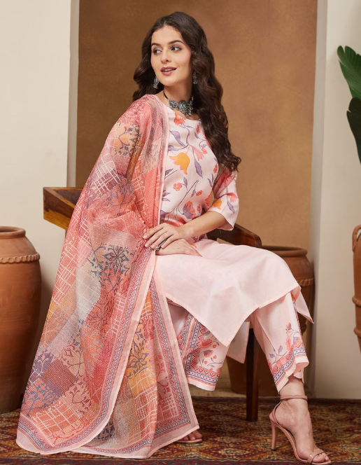 Peach Cotton Blend Floral Printed Kurta Set