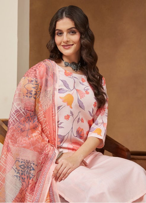 Peach Cotton Blend Floral Printed Kurta Set