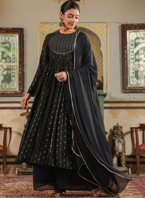 Black & White Foil Printed Georgette Anarkali