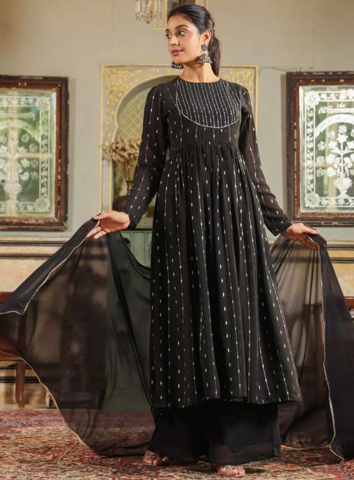 Black & White Foil Printed Georgette Anarkali