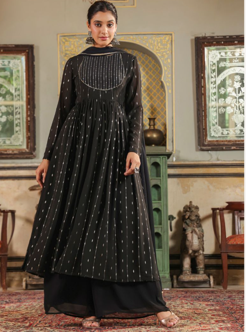 Black & White Foil Printed Georgette Anarkali