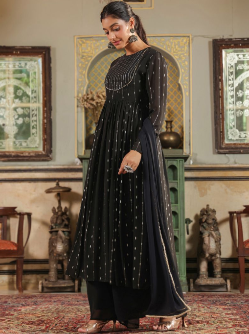 Black & White Foil Printed Georgette Anarkali