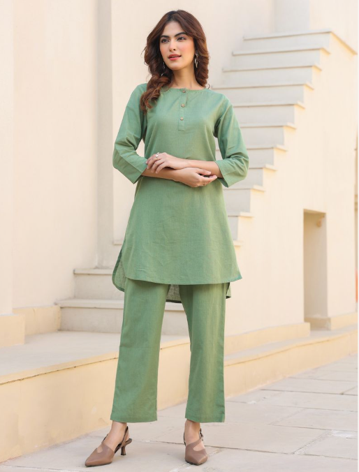 Sage Green Solid Co-Ord Set with Straight Pants
