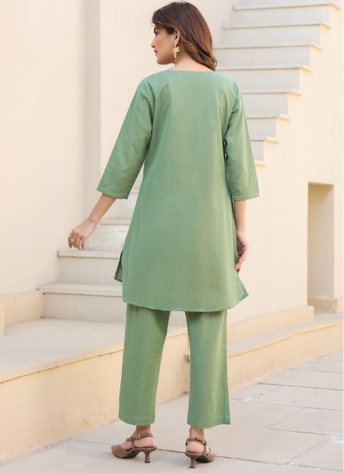 Sage Green Solid Co-Ord Set with Straight Pants