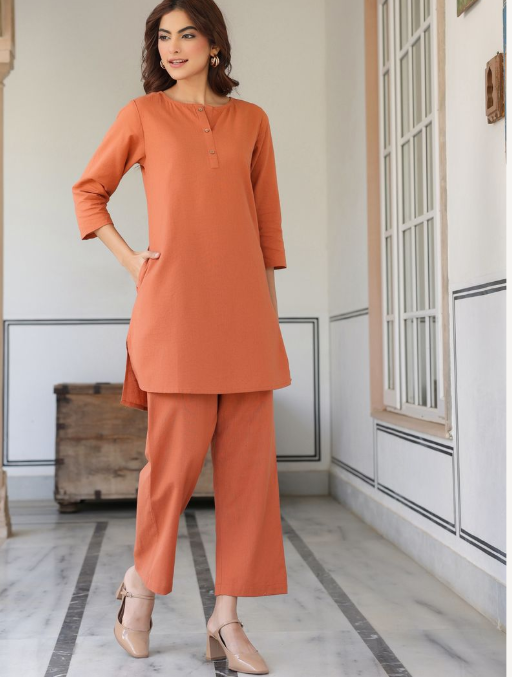 Rust Orange Solid Co-Ord Set with Straight Pants