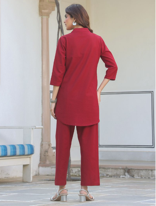 Maroon Linen Cotton Straight Co-Ord Set