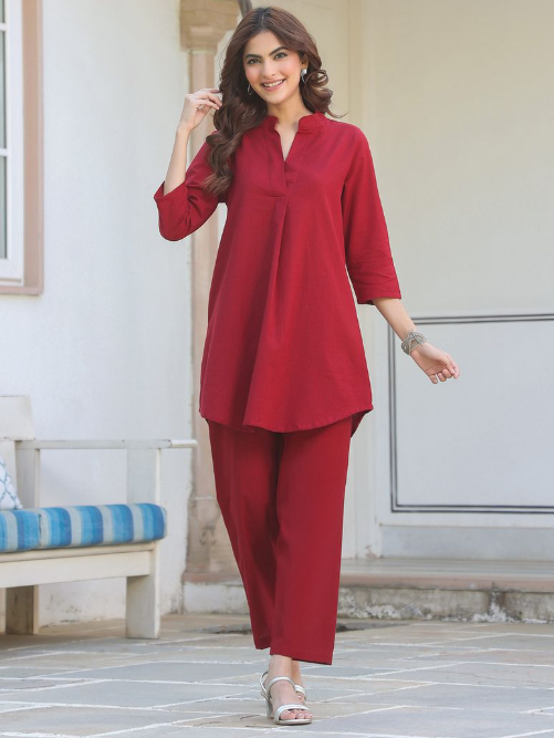 Maroon Linen Cotton Straight Co-Ord Set