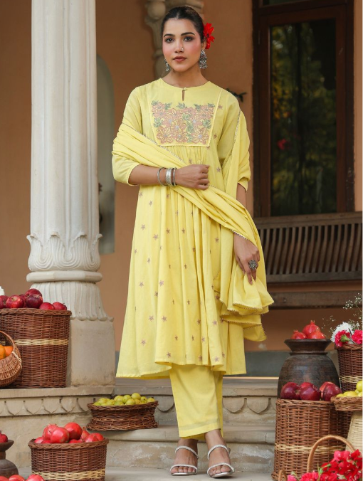 Yellow Cotton Embroidered A-Line Kurta Set