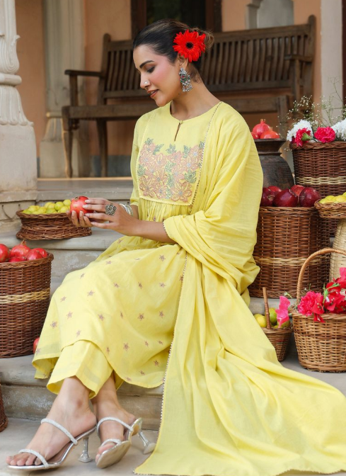 Yellow Cotton Embroidered A-Line Kurta Set