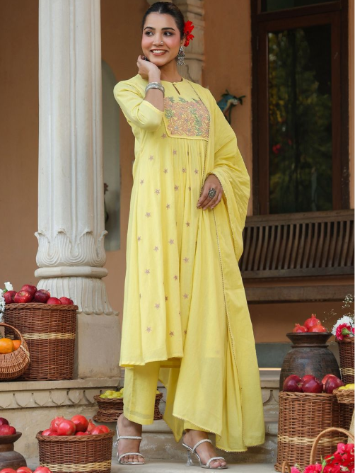 Yellow Cotton Embroidered A-Line Kurta Set