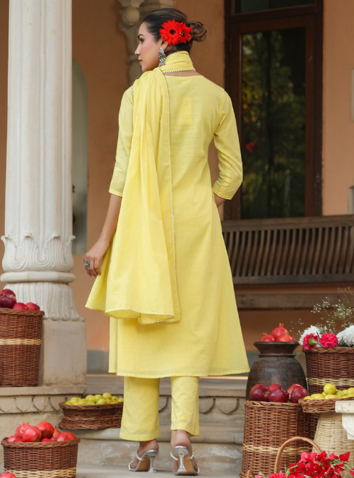 Yellow Cotton Embroidered A-Line Kurta Set