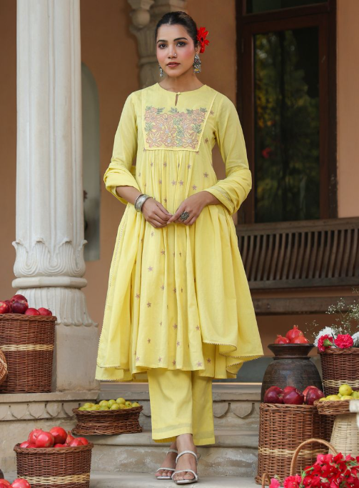 Yellow Cotton Embroidered A-Line Kurta Set