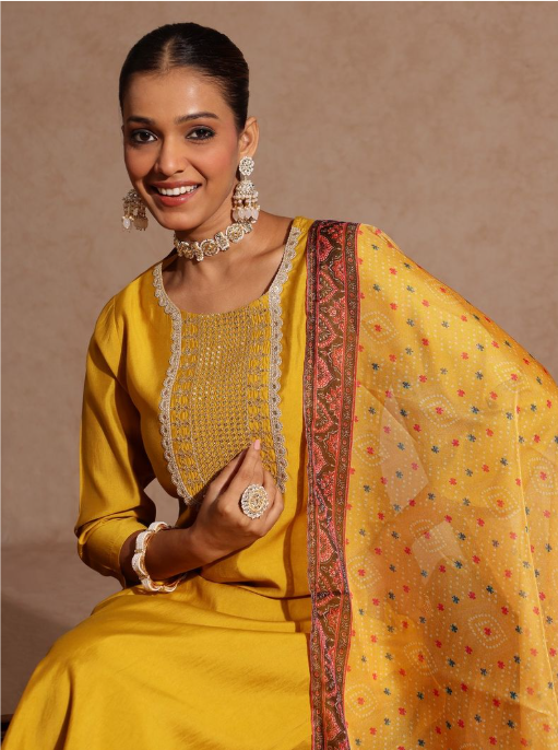 Yellow Embroidered Silk Blend Kurta Set