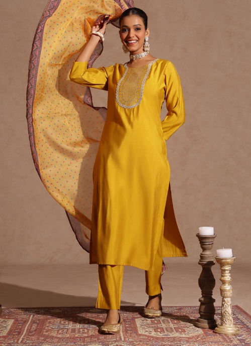 Yellow Embroidered Silk Blend Kurta Set