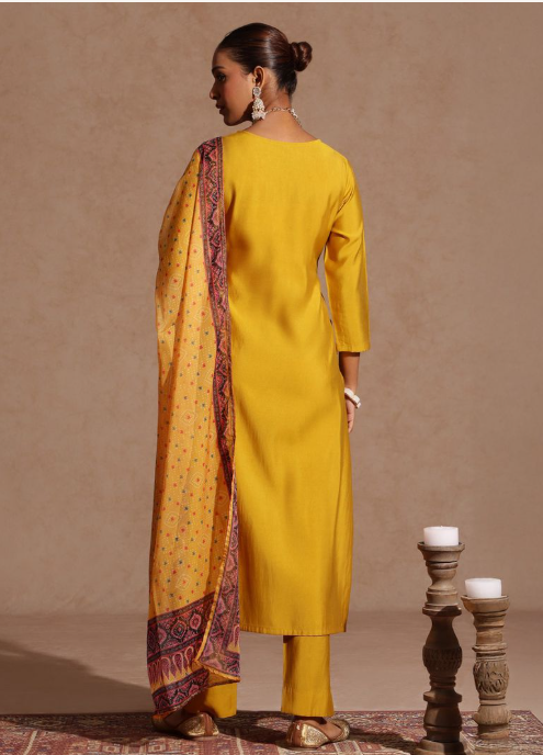 Yellow Embroidered Silk Blend Kurta Set