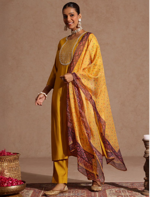 Yellow Embroidered Silk Blend Kurta Set