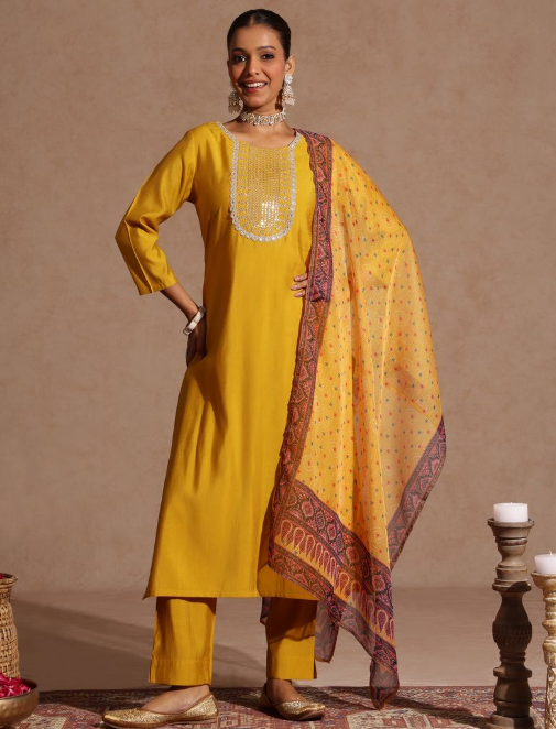 Yellow Embroidered Silk Blend Kurta Set