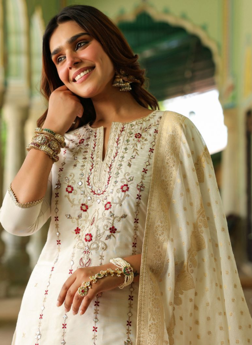 Off-White Chanderi Straight Kurta Sharara