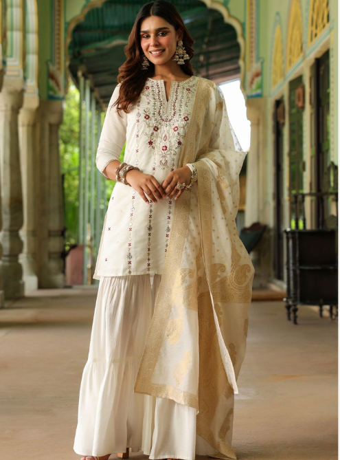 Off-White Chanderi Straight Kurta Sharara
