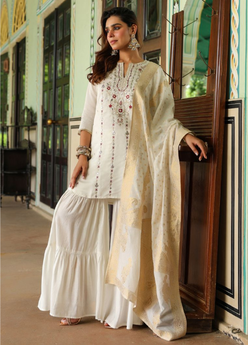 Off-White Chanderi Straight Kurta Sharara