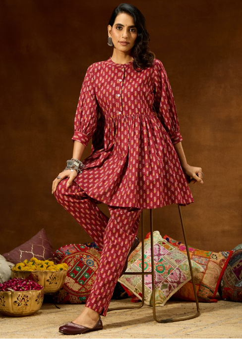 Maroon Pure Cotton Printed Co-Ord Set