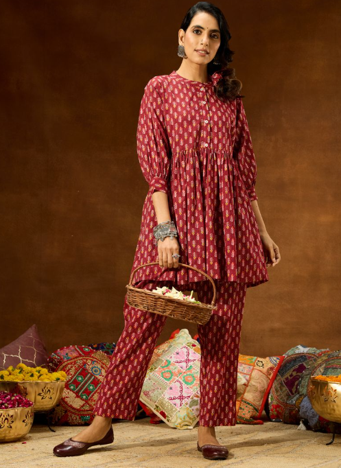 Maroon Pure Cotton Printed Co-Ord Set
