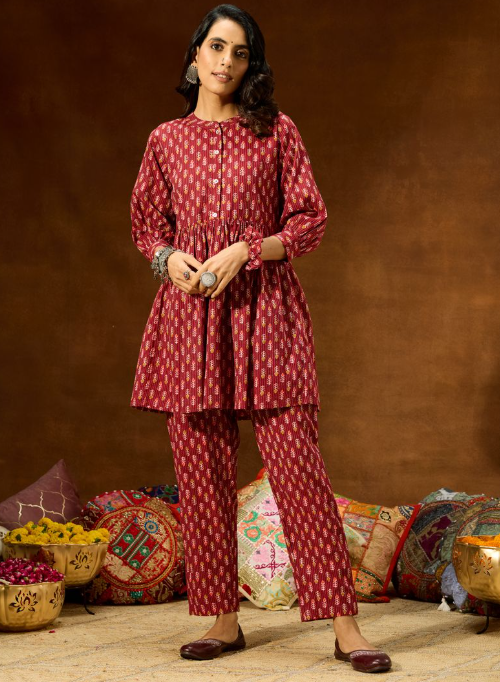 Maroon Pure Cotton Printed Co-Ord Set