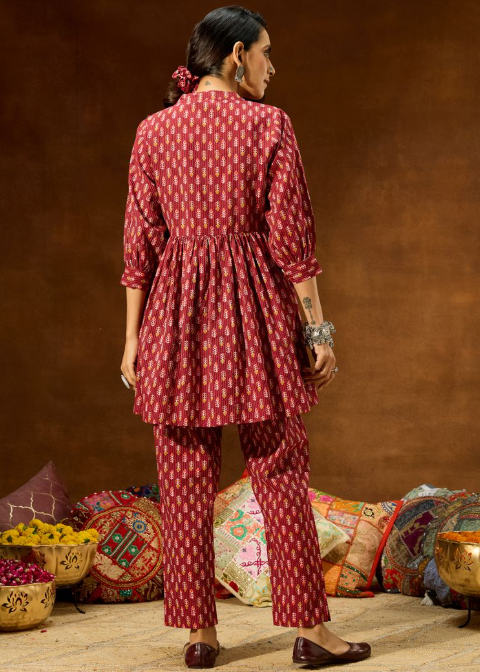 Maroon Pure Cotton Printed Co-Ord Set