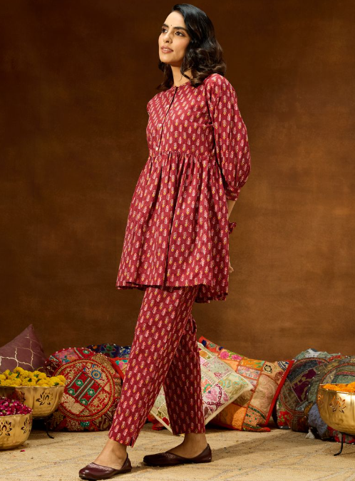 Maroon Pure Cotton Printed Co-Ord Set