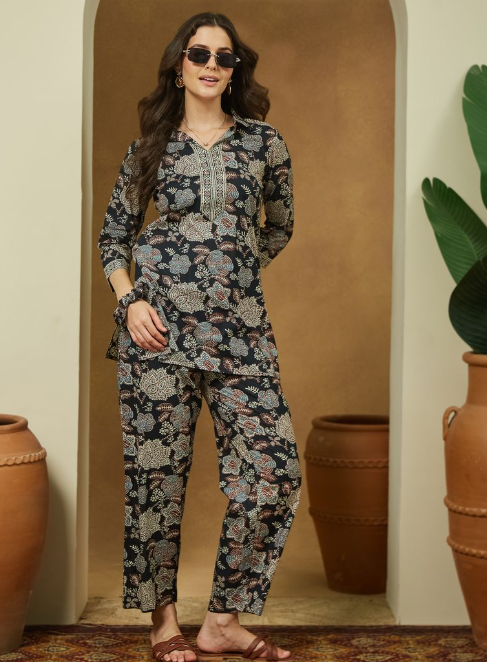 Black Floral Cotton Co-Ord Set