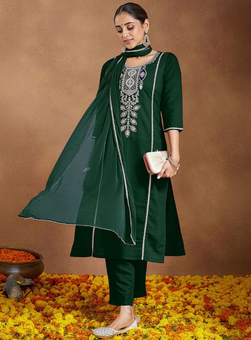 Bottle Green Silk Blend Embroidered Kurta Set