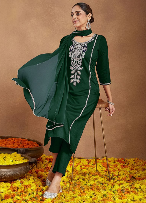 Bottle Green Silk Blend Embroidered Kurta Set