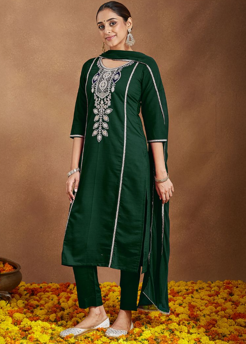 Bottle Green Silk Blend Embroidered Kurta Set