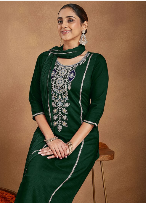 Bottle Green Silk Blend Embroidered Kurta Set