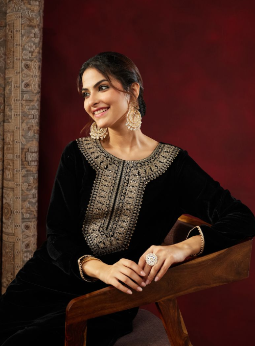 Black Velvet Embroidered Co-Ord Set with Straight Pants